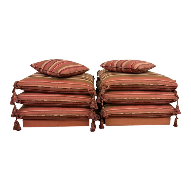 Pair of 1990s Matching Custom-Made Pillow Stacked Ottomans on Casters With Tassels For Sale