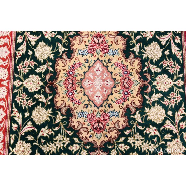 Beautiful Green Background Vase Design Small Floral Vintage Silk Persian Qum Rug , Country of Origin / Rug Type: Vintage...