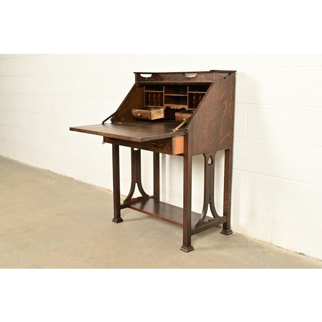 Stickley Brothers Style Antique Mission Oak Arts & Crafts Drop Front Secretary Desk With Inlaid Marquetry, Circa 1910 For Sale In South Bend - Image 6 of 16