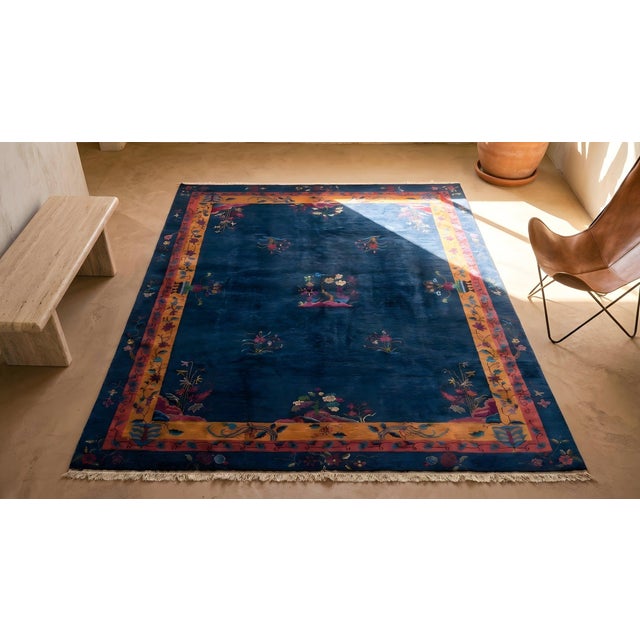 1920s Blue Navy Floral Modern Antique Chinese Art Deco Rug 8'2" X 9'6" Handknotted Wool Carpet For Sale In New York - Image 6 of 8