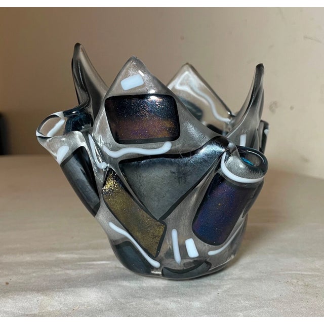 1980s Vintage Hand Made Blown Iridescent Lustre Glass Handkerchief Vase Bowl For Sale - Image 5 of 13