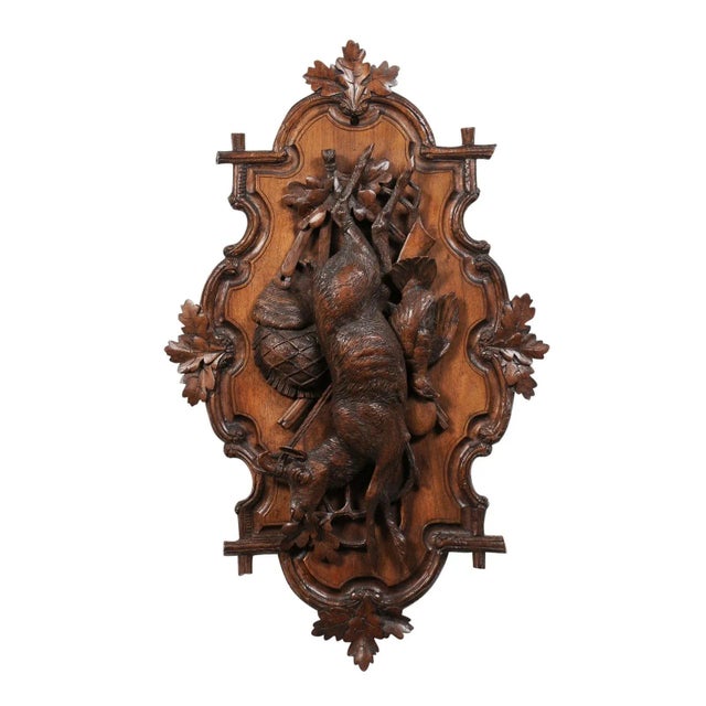 19th Century Black Forest Period 19th Century German Oak Wall Carving with Hunting Trophy For Sale - Image 5 of 12