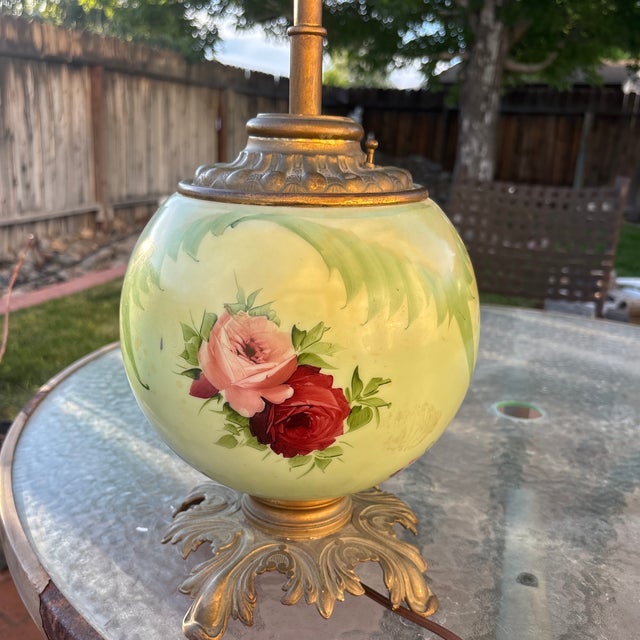 1900 - 1909 Antique Gone With the Wind Style Lamp With a Hand Painted Green Base With Roses For Sale - Image 5 of 6