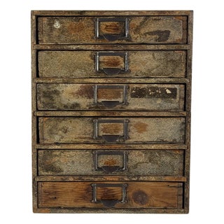 Early 20th C. Antique Six Drawers Desktop Office Cabinet With Remnant Embossed Patterned Paper Over Wood For Sale