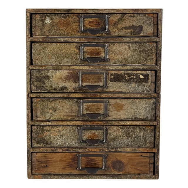 Early 20th C. Antique Six Drawers Desktop Office Cabinet With Remnant Embossed Patterned Paper Over Wood For Sale