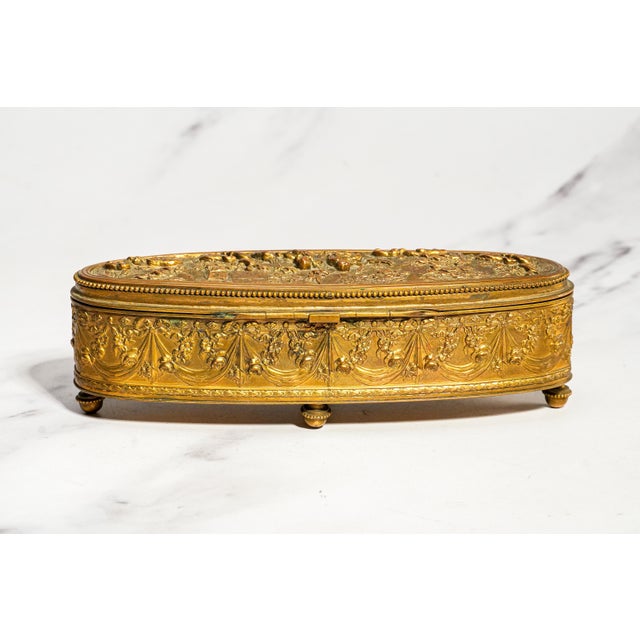 Classy Small Antique French Jewelry Casket Box Gilt Metal Pastoral Relief Trinket Box Made in France Victorian Home Decor For Sale - Image 10 of 14
