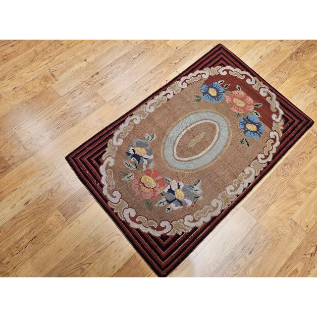1900 - 1909 Vintage Hand-Hooked Rug, Floral Pattern, Wool & Cotton, American Folk Art, 3x4 For Sale - Image 5 of 14