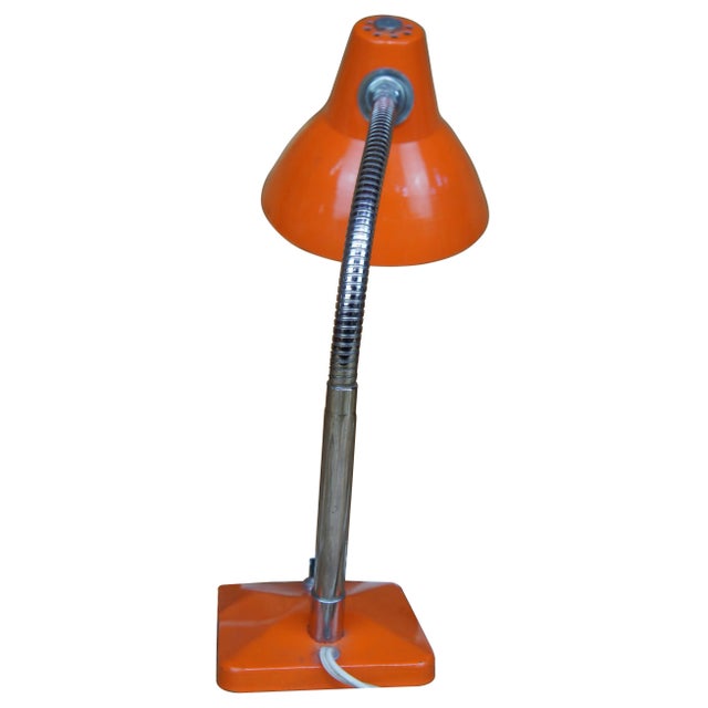 Mid-Century Modern Vintage Mid-Century Modern Gooseneck Telescopic Industrial Metal Desk Lamp in Orange For Sale - Image 3 of 11