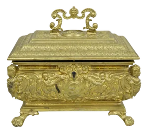 Early 20th Century Antique French Renaissance Figural Bronze Casket Jewelry Box With Cherubs