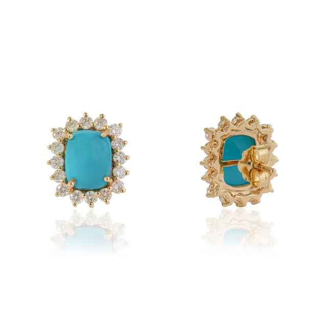 Metal 4ct Cushion Cut Natural Turquoise Diamond Halo Stud Earrings in 14k Yellow Gold- 2 Pieces For Sale - Image 7 of 16