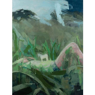 Submergence by Shelli Langdale | Oil on gallery panel depicting a figure lying in grass with a white animal. For Sale