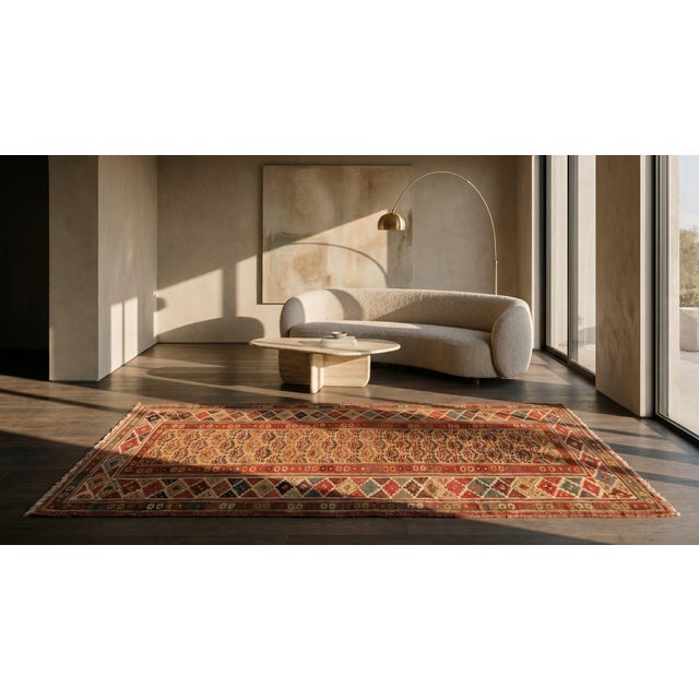Camel 1880s Beige Salmon Geometric Tribal Antique Persian Kurdish Rug 4'0" X 9'4" Handknotted Wool Carpet For Sale - Image 8 of 8