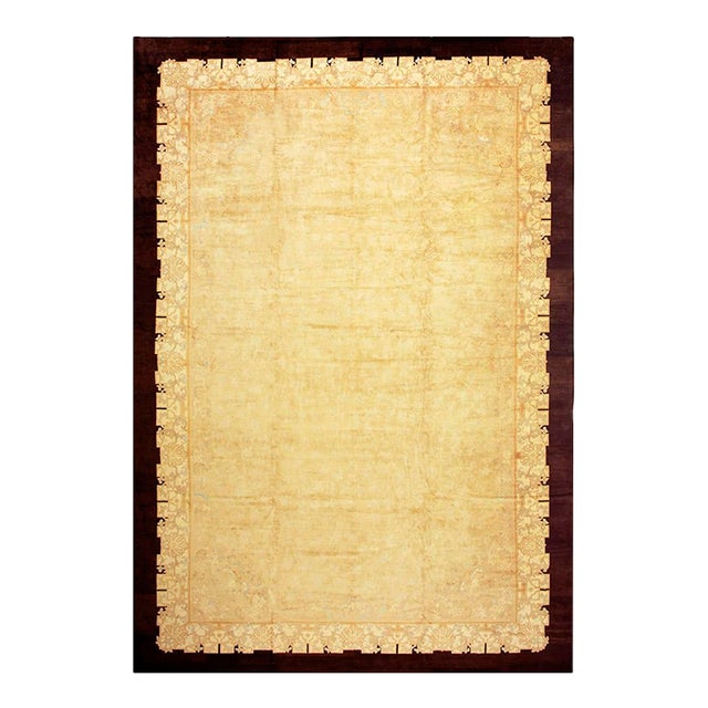 1920s Soft Yellow Field Antique Floral Minimalist Knotted Wool Chinese Peking Rug For Sale