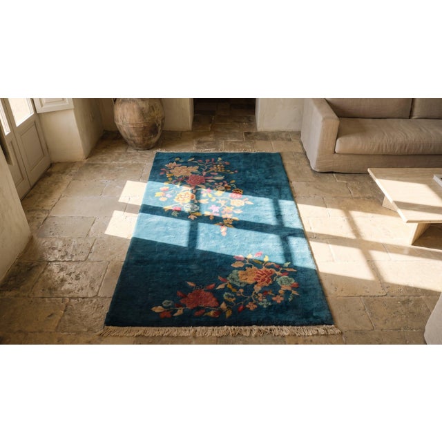 Ink Blue Beautiful Ink Blue Color With Lovely Floral Design Antique Chinese Art Deco Rug For Sale - Image 8 of 9