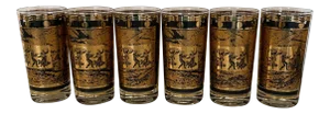 1950s Black and Gold Dancing Motif Cocktail/ Highball Glasses Signed - Set of 6