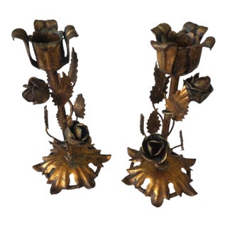 Antique Italian Gilded Tole Candlesticks For Sale