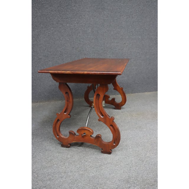 Spanish Colonial Revival Style Mahogany Desk With Iron Stretcher For Sale - Image 13 of 13