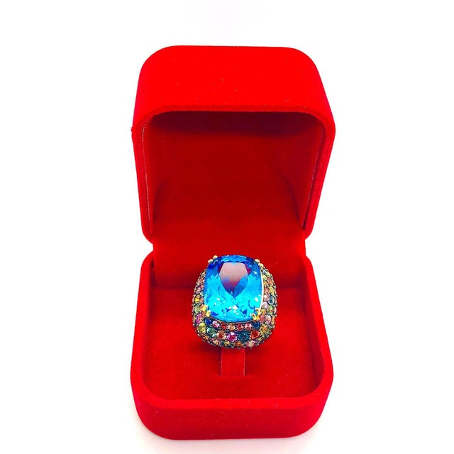 Bochic “Orient” Vintage London Blue Topaz & Multi Sapphire Ring Set In 18 K Gold & Silver Natural Center Blue Topaz 16.00...