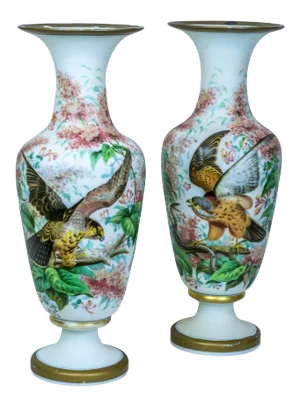 Large Tall Opaline Vases with Painted Bird and Floral Decorations - A Pair