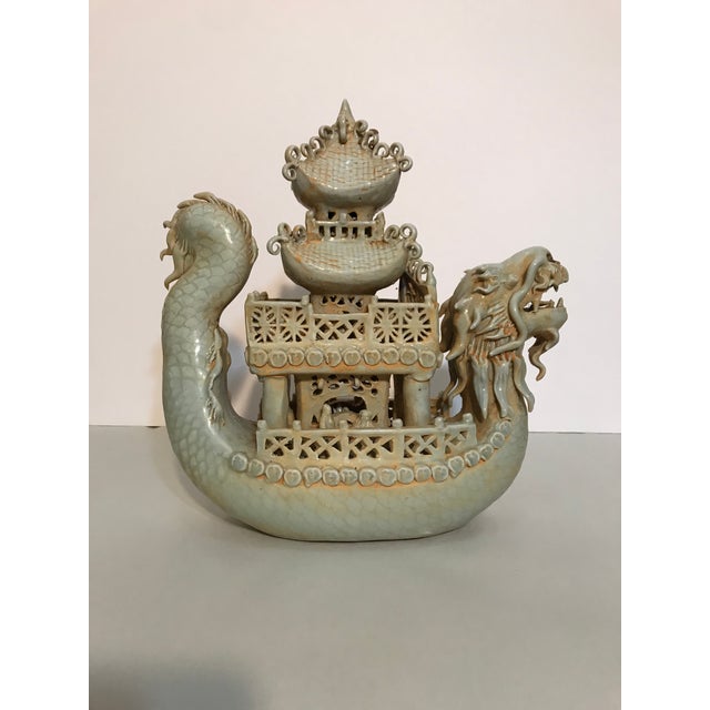 Chinese Porcelain Dragon Boat With Pagoda Figurine Chairish