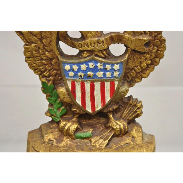 Antique Patriotic Cast Iron Figural Gold American Flag & Eagle Painted Door Stop For Sale - Image 4 of 10