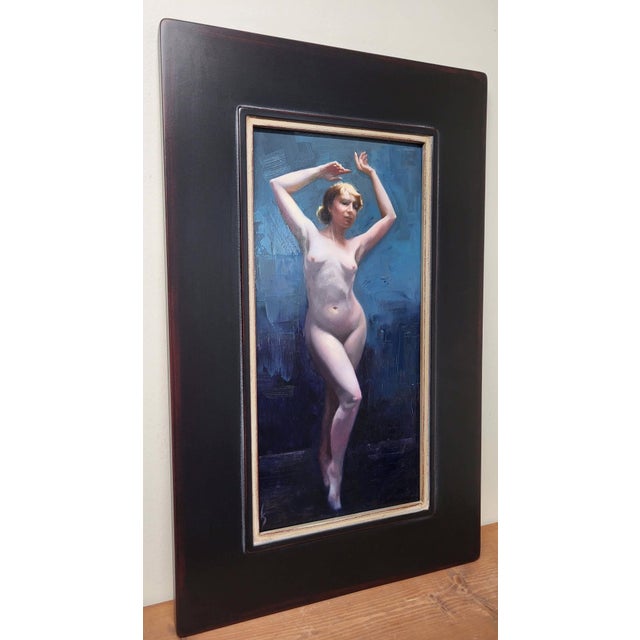 Abstract Light Waves by Kirsten Savage | Oil on panel Nude figure posing against a blue background. For Sale - Image 3 of 3