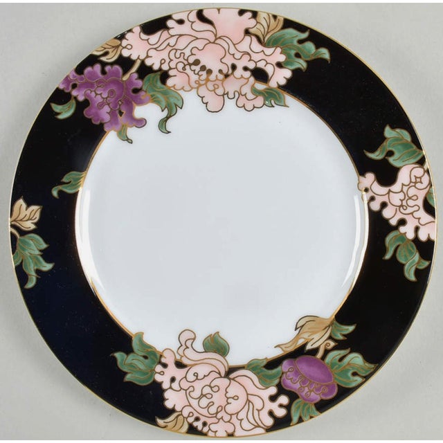 Japanese Fitz & Floyd Cloisonné Peony Ff 75, Black - Retired Collection of 4 Settings / Dinner Plates , Accent Plates and Four Cups With Saucers For Sale - Image 3 of 12