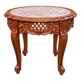 Late 20th Century Ornate Carved Wood & Marble Top Accent Table For Sale