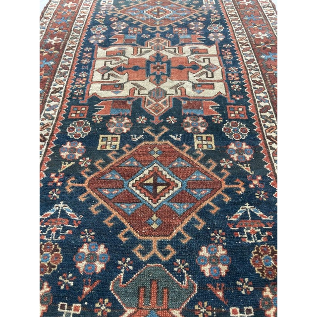 1920's Ancient Nomadic Northwest Persian Karaja Indigo, Clay & Forest Green Runner Rug 3.2 X 13.5 For Sale - Image 9 of 12