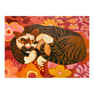 Marc Zimmerman "Tom" Oil Painting, Sleeping Tabby Cat, Blazing Red and Pink Floral Background, Vivid Palette, Contemporary Art West Coast