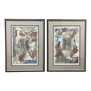 Pair of Original Mixed Medium Gouache Paint & Paper Collage Art With Trojan Horses, Titled Mycenaean Fragments I and II by Liz Jardine