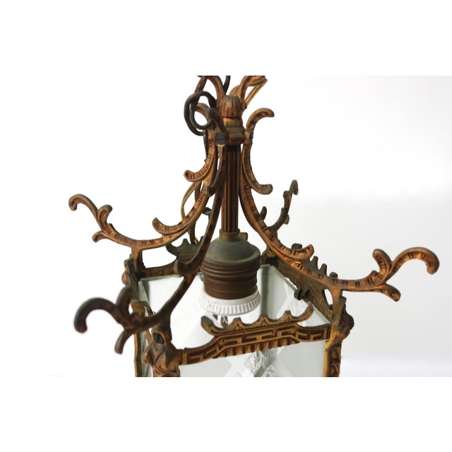 Antique Japanese Style Brass and Etched Glass Hanging Lantern, Early 20th Century For Sale - Image 15 of 18