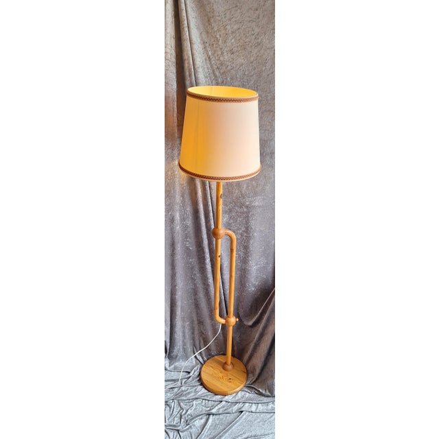 Vintage Swedish Adjustable Floor Lamp with Pine Wood Base and Fabric Shade, 1970s For Sale - Image 3 of 8