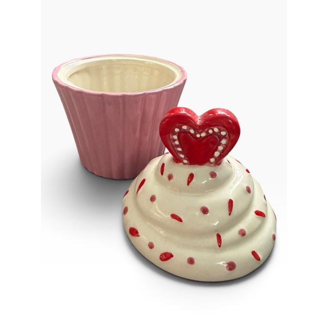 Vintage Nantucket Home Pink Cupcake Cookie Jar With Heart Lid For Sale - Image 4 of 6