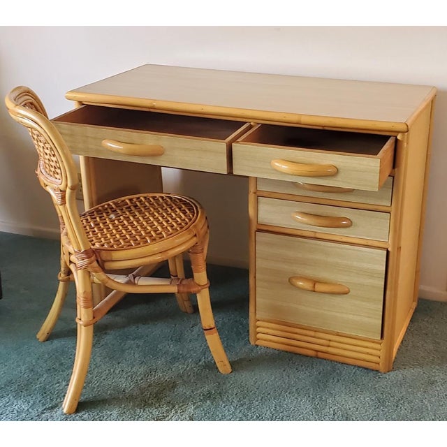Tan 1960s Rattan and Formica Right Sided Writing Desk With Matching Chair - Set of 2 For Sale - Image 8 of 12