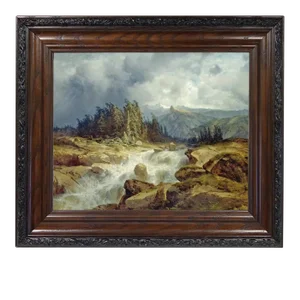 "Mountain Landscape with Rushing Stream" Contemporary Reproduction Print on Canvas, Framed