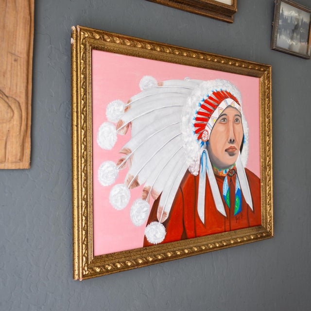 1990s Pop Art Style Painting of Indigenous Native American in Pink and Red For Sale - Image 5 of 11