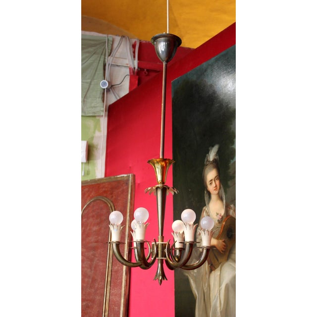 1930s Art Deco Italian Brass 6-Lights Chandelier attributed to Gio Ponti for Lanci, 1930s For Sale - Image 5 of 14