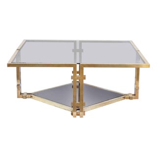 Vintage Brass and Fumé Glass Coffee Table, Italy, 1970s For Sale