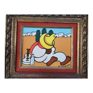 Xavier Cugat Signed Mid‑Century Gouache Painting — Sombrero Figure With Guitar (Framed) For Sale