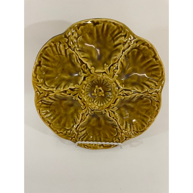 1950s French Gien Majolica Olive Green Oyster Plate For Sale - Image 11 of 15
