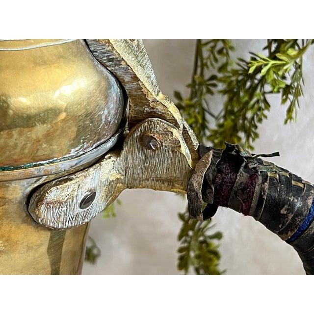 Large Antique Hand Crafted Arabian Dallah Coffee Urn 16" Middle Eastern Brass Plated Coffee Pot Hinged Lid Hand Woven Leather Handle Worn For Sale - Image 12 of 15