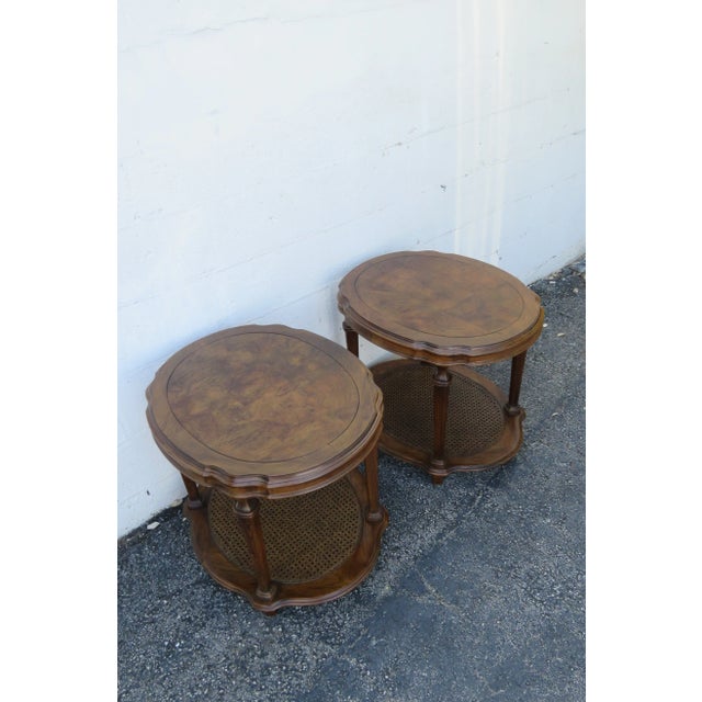 Ethan Allen Ethan Allen French Two Tiers Oval Caned End Side Tables a Pair For Sale - Image 4 of 12
