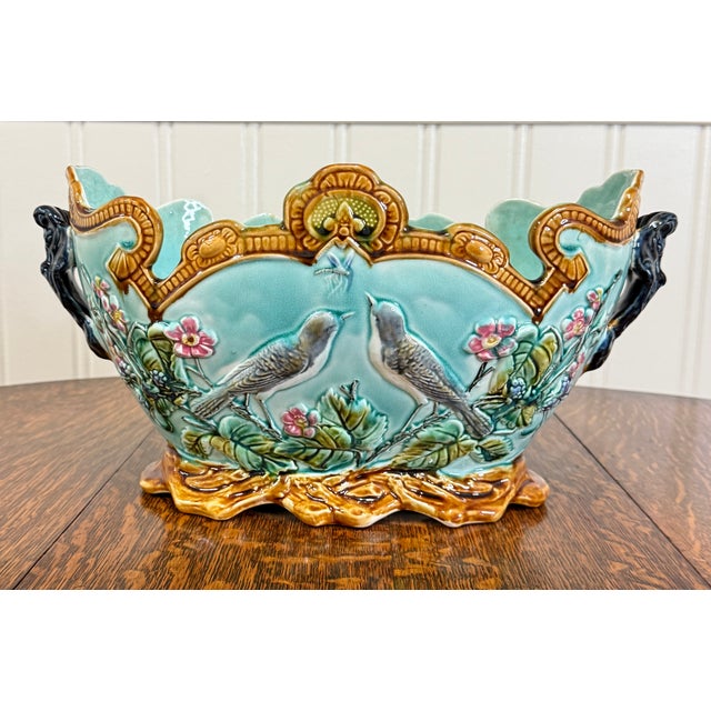 Baby Blue Antique French Onnaing Majolica Cache Pot Planter Bowl Jardiniere Love Birds For Sale - Image 8 of 18