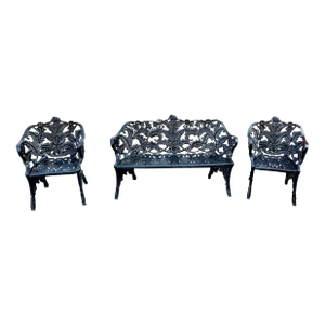 Vintage Stuart Iron Works Style Ornate Cast Iron Garden Bench & Chairs, 3 Pieces