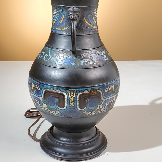 Mid 20th Century Early 20th Century Antique Bronze Champleve Vase as Table Lamp With Peacock Finial For Sale - Image 5 of 12