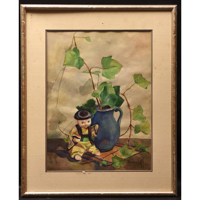 This charming watercolor painting by Bodenhoff, measuring 20" x 25", presents a serene still life with a touch of whimsy....