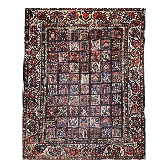 Vintage Oversized Persian Bakhtiari Rug, Hand-Knotted wool, Garden Panel Pattern, Burgundy & Blue, 11x14 For Sale
