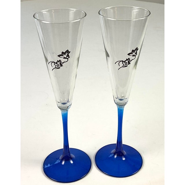 Glass 1990s Perrier Jouet-Champagne, Flutes, Cobalt, Stems, and Foot With a Black Painted Rose on the Bowl For Sale - Image 7 of 9