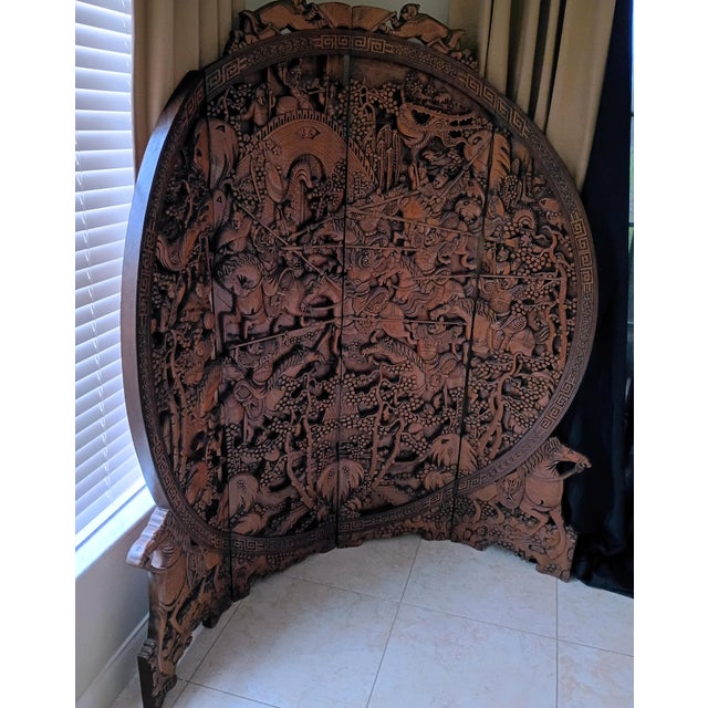 1930s Chinese Ornate Large Round Carved Teak Wood Equestrian Screen Divider For Sale - Image 4 of 18